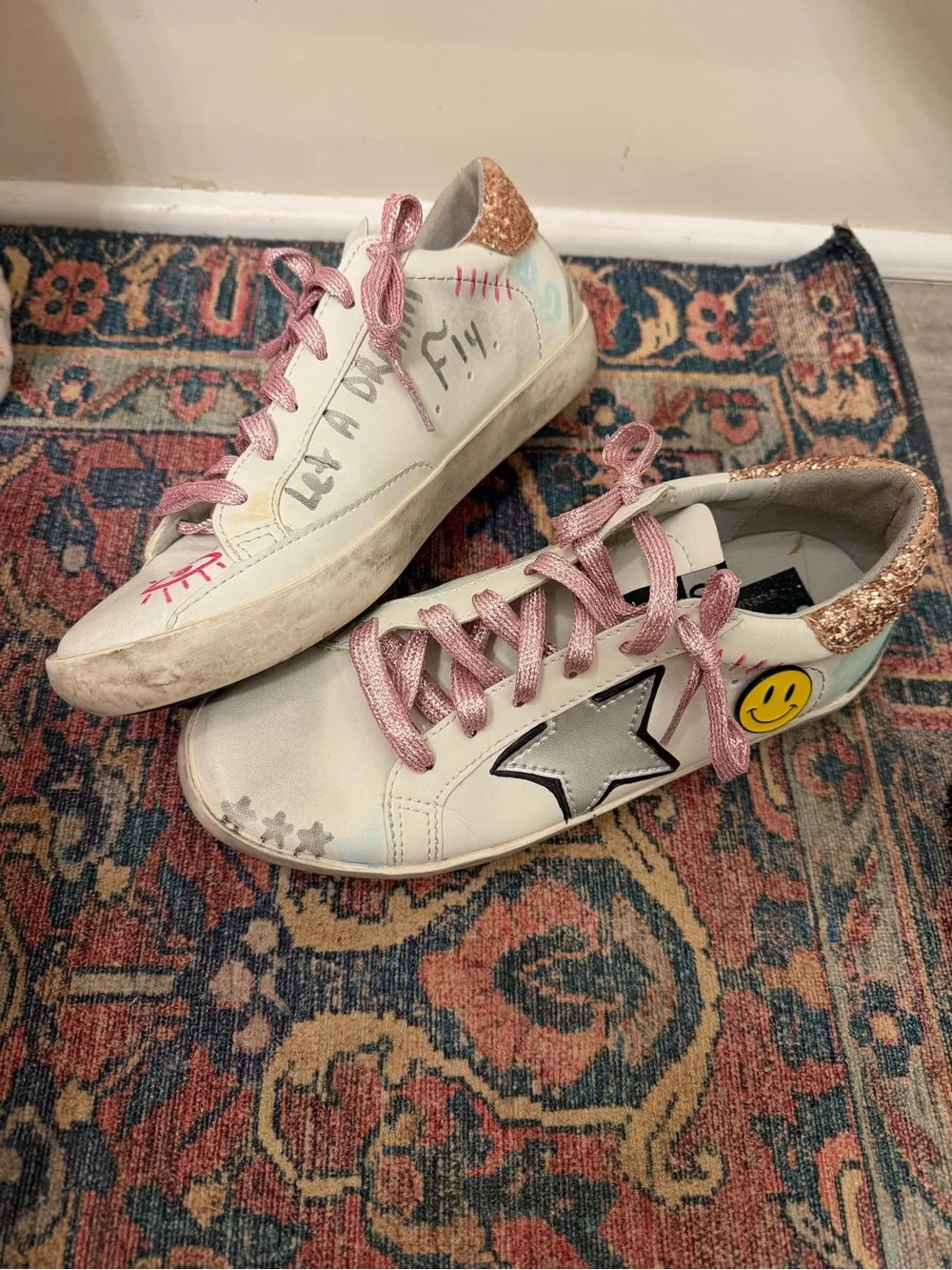 Golden Goose Women’s White Sneakers with Pink Accents